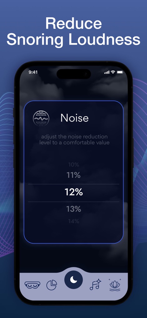 Snore Recorder - Sleep Monitor - 이 도구는 사용자가 소음 감소 수준을 10%에서 14% 사이로 조절하여 최적의 수면 환경을 조성할 수 있도록 지원하며, 직관적인 인터페이스로 쉽게 설정할 수 있습니다.