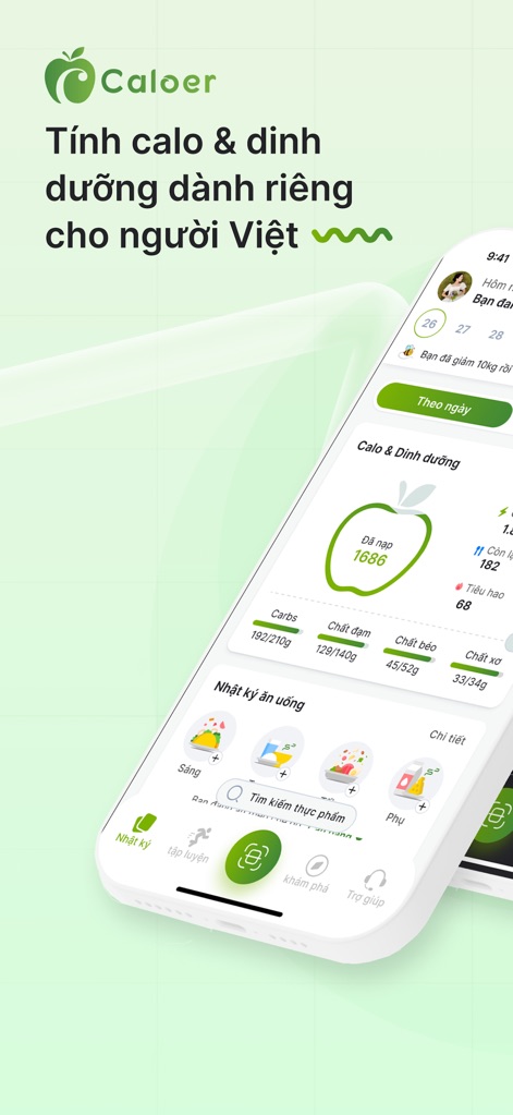 Caloer - Tính Calo & Giảm Cân - The app presents daily calorie intake and macro breakdowns, with a clear bottom navigation bar for effortless access to features like workout tracking and exploration.