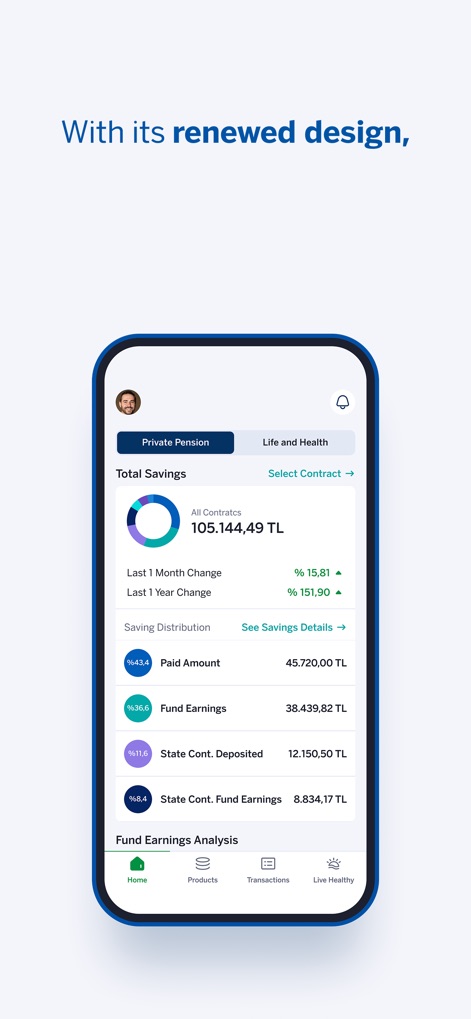 Garanti BBVA Emeklilik Mobile - Users gain immediate insight into their financial health, with a clear display of Total Savings and distinct tabs for Private Pension and Life and Health products.