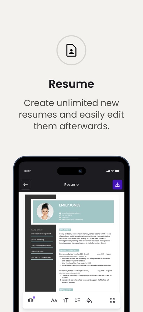 Jobseeker.com - L'app permette la modifica dettagliata del CV, con un'anteprima professionale del documento e una barra degli strumenti intuitiva per la formattazione.