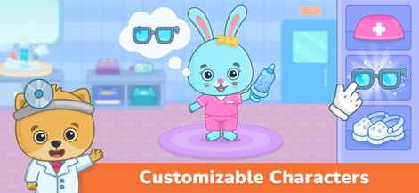 Kids Doctor Games: Hospital 3+ - Dieser Bereich ermöglicht es Nutzern, einen Hasen-Charakter mit verschiedenen Accessoires wie einer Brille und einem Arzt-Hut auszustatten, was die Kreativität fördert.