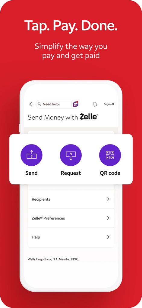 Wells Fargo Mobile® - This tool facilitates quick peer-to-peer money transfers, offering distinct options to send or request funds and manage recipients.