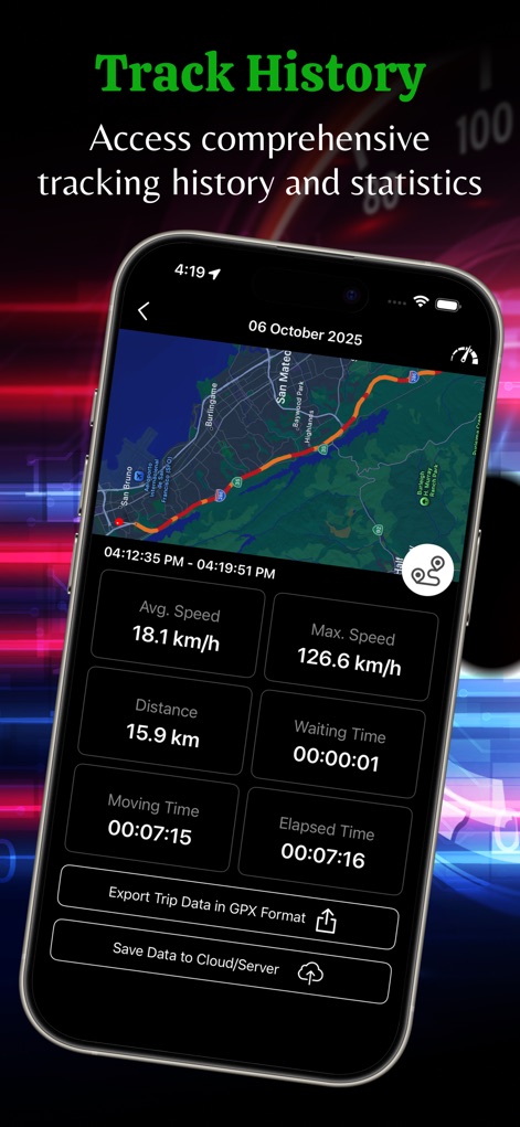 GPS Speedometer: MPH Tracker - Los usuarios acceden a un historial completo de sus viajes, visualizando rutas en un mapa y estadísticas detalladas como una velocidad media de 18.1 km/h y una distancia total de 15.9 km.