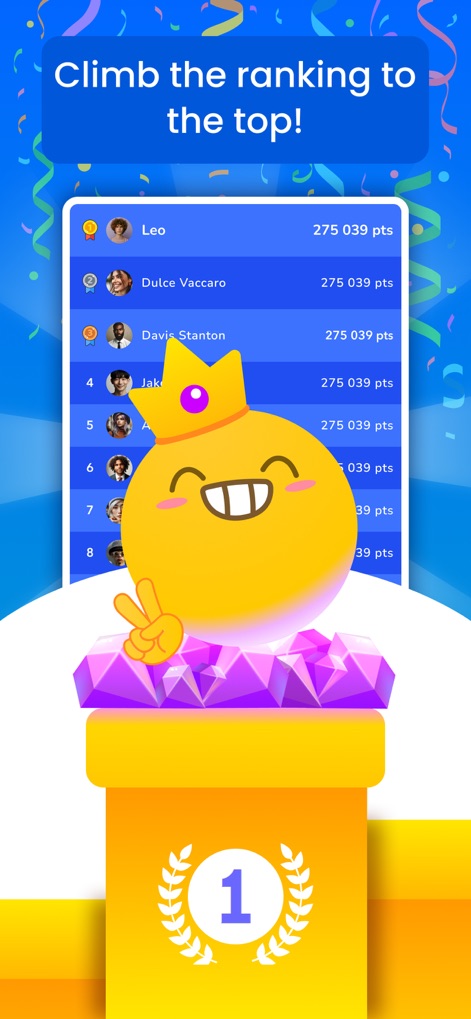 Trivia Quiz Knowledge - Die Bestenliste zeigt die Platzierungen der Spieler, wobei eine motivierende Podestanimation die Spitzenreiter feiert.