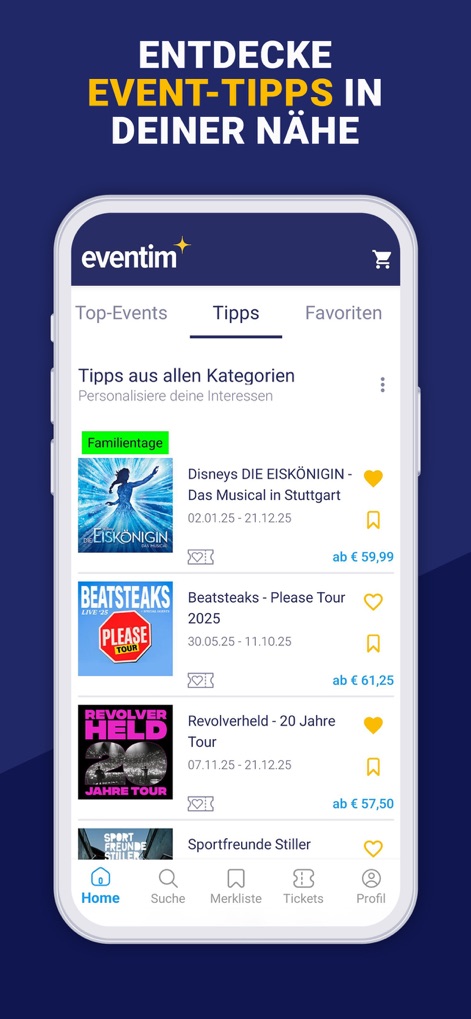 EVENTIM DE: Tickets for Events - Users receive tailored event suggestions categorized by interest, complete with indicative pricing and visual event posters, facilitating discovery of new and relevant experiences.