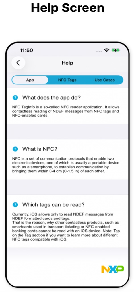 NFC TagInfo by NXP - The Help section offers valuable resources, including an explanation of "What does the app do?" and a concise overview of "What is NFC?" technology.