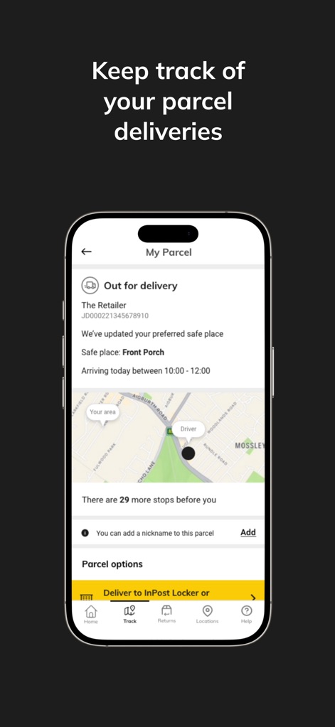 Yodel by InPost - Users can monitor their parcel's journey with a detailed map displaying the driver's current location and receive real-time updates on remaining stops.