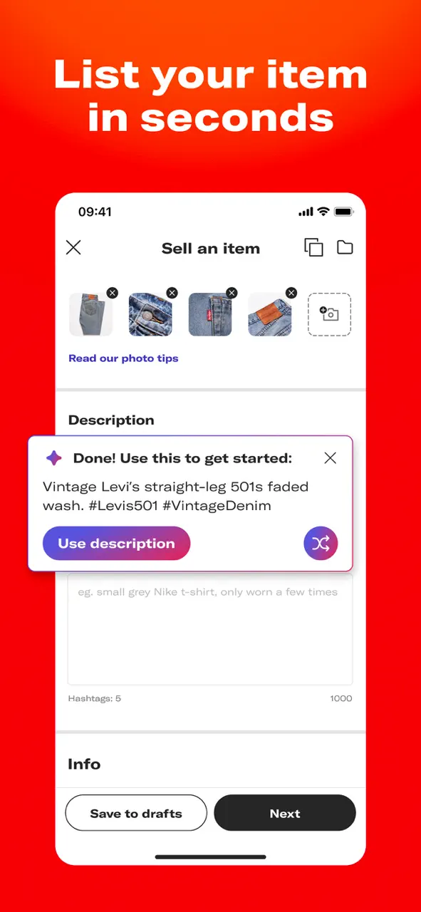 Capture d'écran de l'application Depop pour la vente d'articles utilisant l'IA pour générer des descriptions