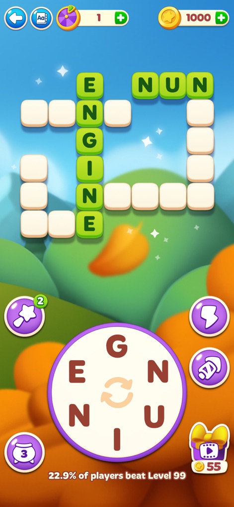 Word Spells: Game for Adults - Users can effortlessly track their mastery of each level through the displayed completion percentage, and utilize accessible hints to navigate more challenging word puzzles.