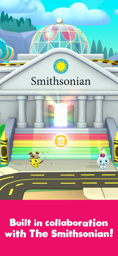 Crayola Create and Play: Kids - Witness the educational partnership with the Smithsonian, featuring a grand building and engaging, friendly characters inviting exploration.