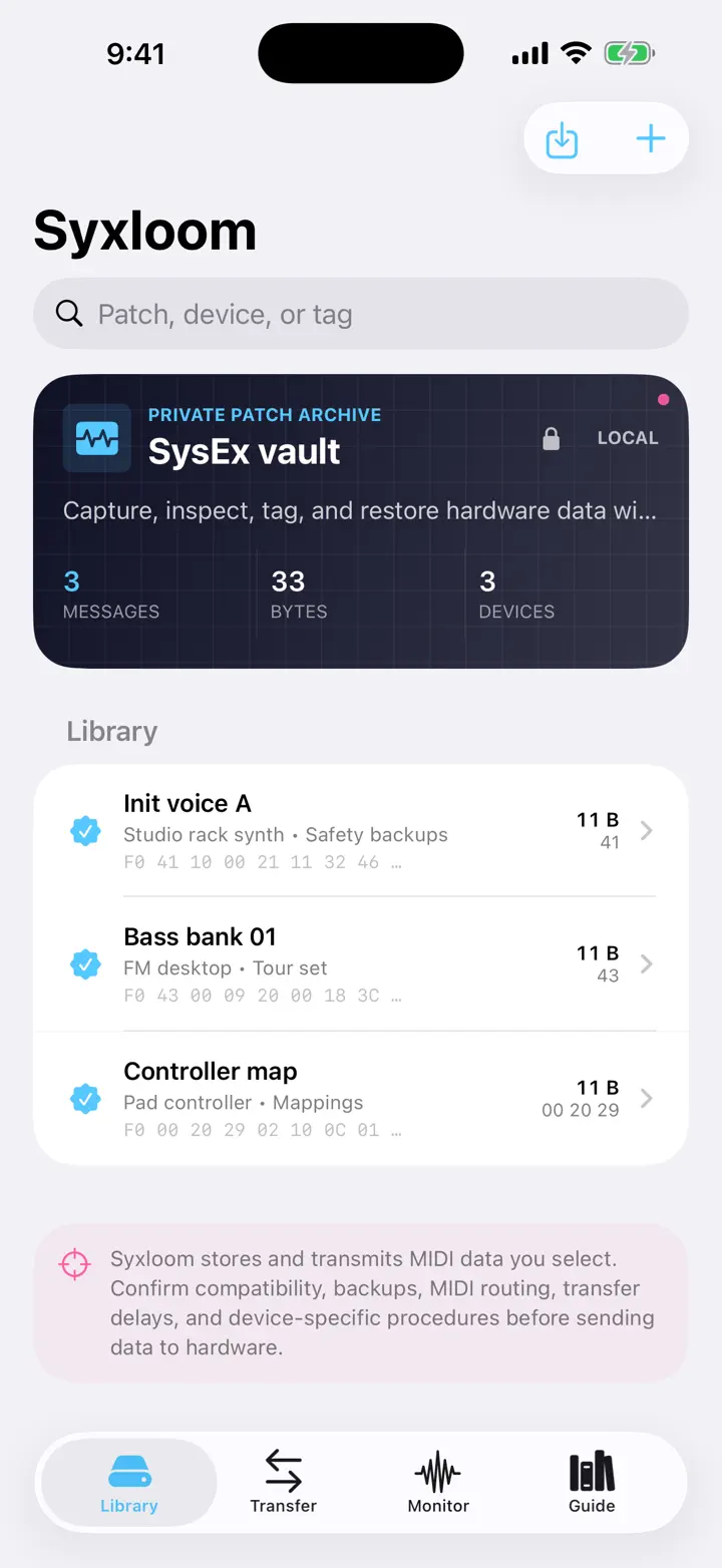 Syxloom: MIDI SysEx iPhone 6.7" screenshot 1: Capture, Inspect & Restore