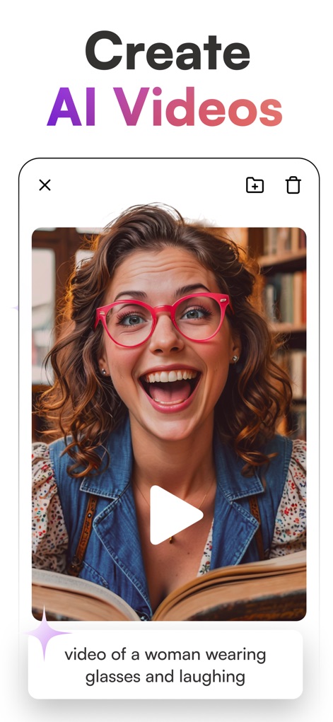 starryai - AI Photo Generator - Explore the app's dynamic capability to generate AI videos from text prompts, as demonstrated by the joyful woman and the interactive play button.