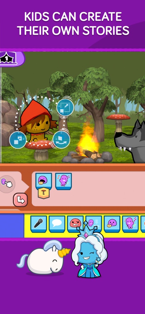 codeSpark - Coding for Kids - The app empowers children to craft their own narratives, as shown by the scene featuring familiar storybook characters like Little Red Riding Hood and the interactive tools for adding dialogue and actions.