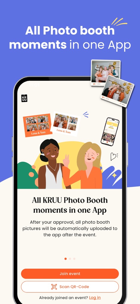 KRUU - The app centralizes all photo booth moments and allows users to easily join an event or scan a QR code for quick access.