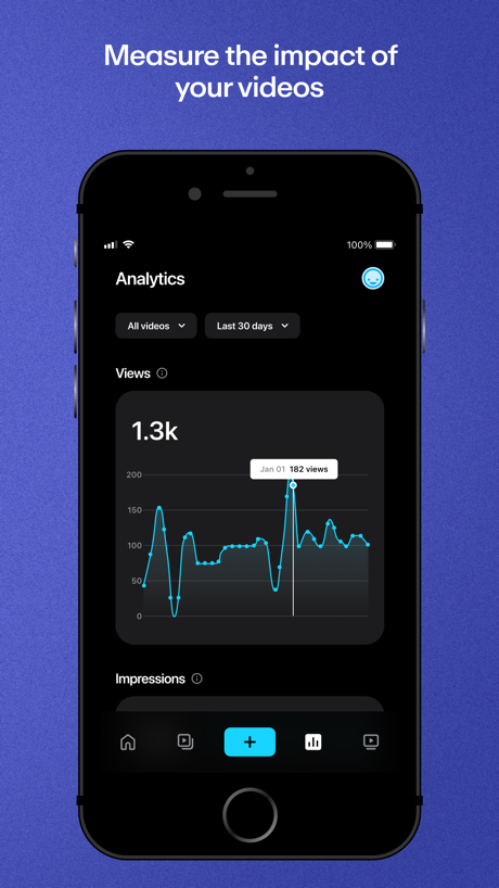 Vimeo App Store screenshot 5, headline “Measure the impact of your videos”. Blue.