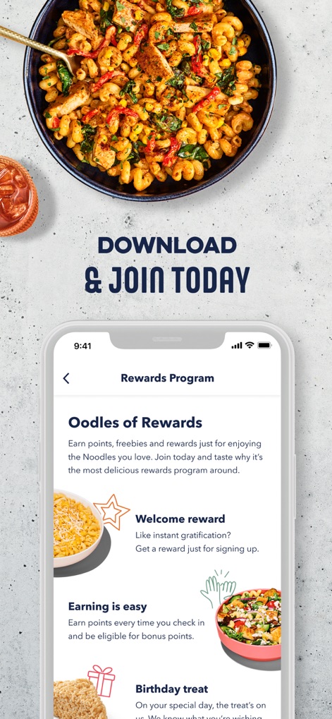 Noodles and Company - This tool clearly outlines the benefits of its loyalty program, detailing the instant 'Welcome reward' for new users and explaining the ease of 'Earning is easy' points.