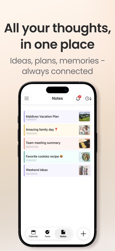 24me: Calendar・Planner & To Do - メモリストは、各メモに関連する画像やサムネイルとともに表示され、日付順に整理されているため、ユーザーはアイデアや計画を効率的に管理できます。