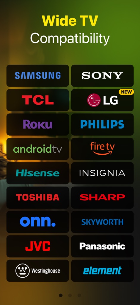 TVRem Universal TV Remote App - Esta captura destaca la amplia gama de marcas compatibles, incluyendo Samsung y LG (con la etiqueta "NEW"), asegurando que la aplicación funcione con diversos televisores.