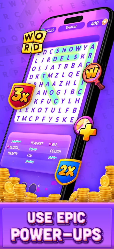 Real Money Word Search Skillz - Users can strategically enhance their performance with powerful in-game advantages, such as the 3x score multiplier and the word finder magnify glass.