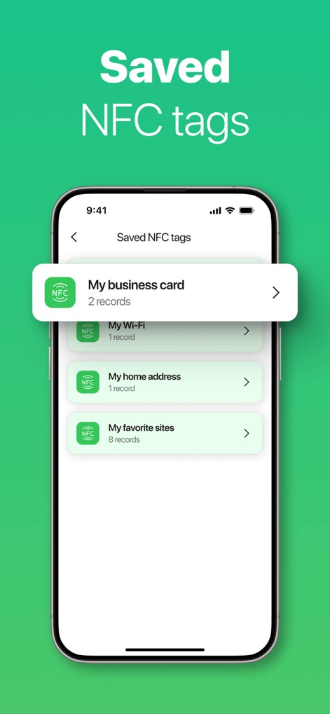 NFC Reader & Scannerㅤ - The app effectively stores and organizes "Saved NFC tags", allowing quick retrieval of entries like "My business card" and "My home address".