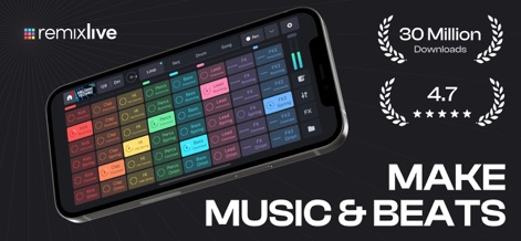 Remixlive - Make Music & Beats - Explore the app's intuitive grid layout with colorful pads for live looping and the impressive 30 million downloads and 4.7-star rating.