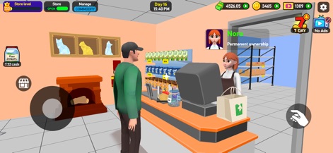 Supermarket Tycoon 3D - Users can manage dedicated employees like Mora at service points, ensuring efficient customer service and streamlined operations within the store.