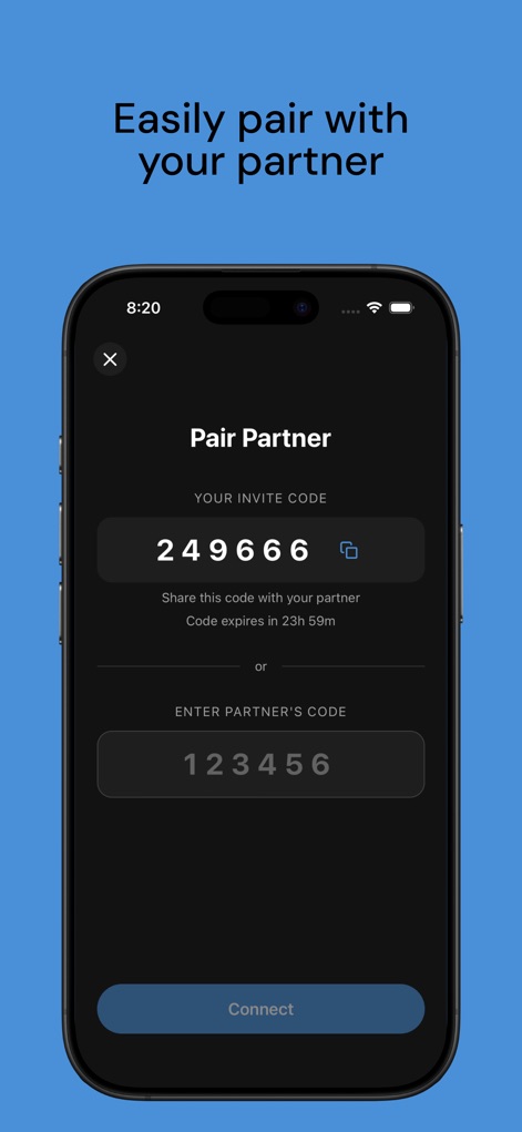 UsTwo - Draw Together - Users can quickly establish a shared drawing space by generating an invite code or entering a partner's code for immediate pairing.