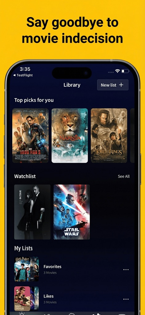 Movie Night: Film & TV Picker - Users can organize their entertainment choices within a personalized 'Top picks for you' section and customizable 'My Lists' feature, streamlining their viewing experience.