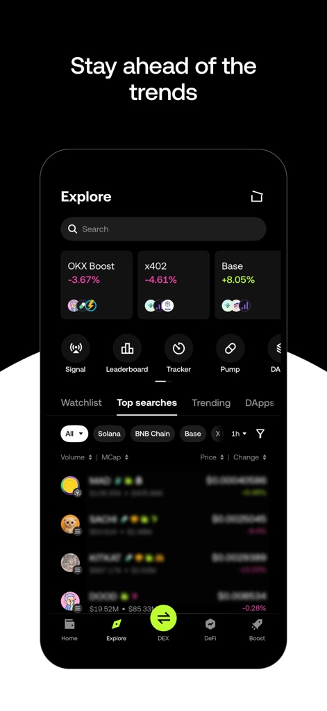 OKX Wallet: Crypto & Web3 - Nutzer können die 'Explore'-Seite nutzen, um Trend-Kategorien wie 'Top searches' (X) zu filtern und über Icons auf Analyse-Tools wie 'Signal' und 'Pump' (Y) zuzugreifen.