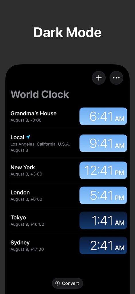 World Clock Time Zone Widgets - L'app supporta una raffinata modalità scura, che rende confortevole la visualizzazione degli orologi digitali e dell'intera interfaccia utente in condizioni di scarsa illuminazione.