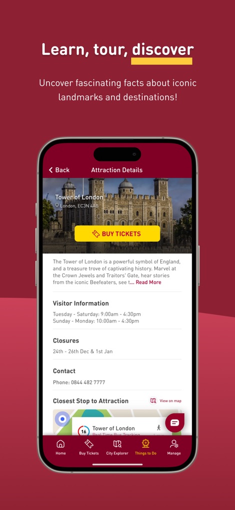 Big Bus Tours - Users can delve into detailed attraction pages, featuring comprehensive descriptions for landmarks like the 'Tower of London' and essential 'Visitor Information' including operating hours.