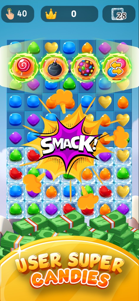 Sugar Cash Match3 Money Prizes - L'application offre une expérience de jeu dynamique avec l'utilisation de "super candies" variés tels que la sucette ou la bombe, et des effets visuels percutants comme l'explosion "SMACK!", pour maximiser les combos.