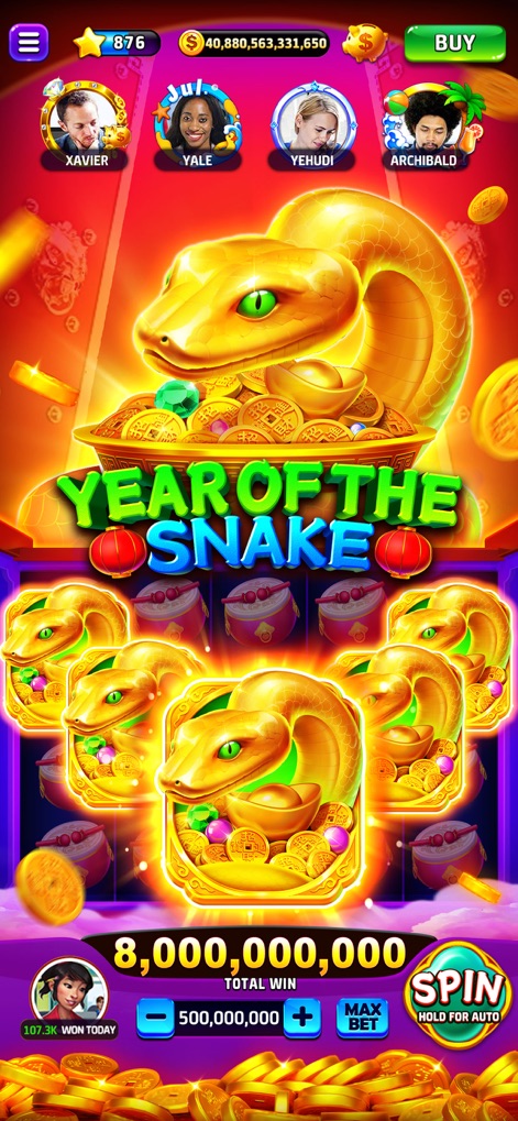 Cash Club Casino - Vegas Slots - The golden snake motif dominates this slot theme, featuring reels filled with golden pots and celebrating the "Year of the Snake."