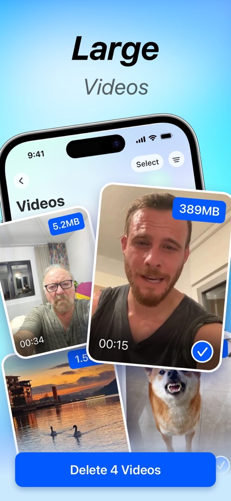 Storage Cleaner: Clean Mate - デバイス内の「大容量動画」を一覧表示し、個々の「ファイルサイズ」を確認しながら不要な動画を簡単に削除できます。