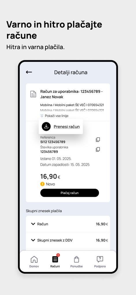 Telemach Slovenija - The app simplifies bill management, offering a prominent "Plačaj račun" (Pay bill) button and the convenient option to "Prenesi račun" (Download bill) for easy record-keeping.