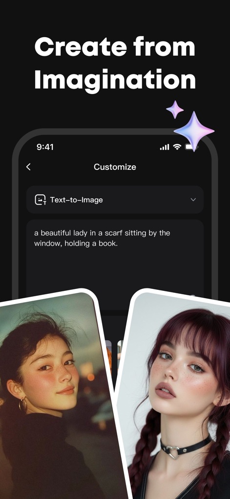 PixPlus-AI Photo & Video Maker - Unleash creativity with the app's text-to-image feature, displaying a user-friendly text input field for prompts and showcasing two distinct AI-generated images.