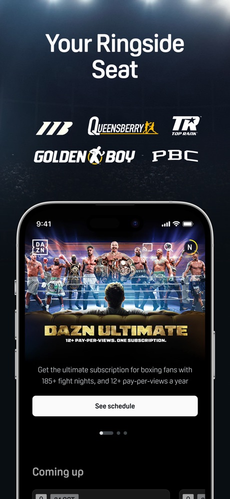DAZN: Stream Live Sports App Store screenshot 5, headline “Your Ringside Seat”. Headline under five words.