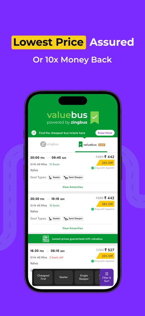 zingbus:Book Bus Ticket Online - This display emphasizes the 'Lowest Price Assured' commitment through the 'valuebus' integration, allowing users to compare different seat types like 'Seater' and 'Semi Sleeper' for optimal choice.