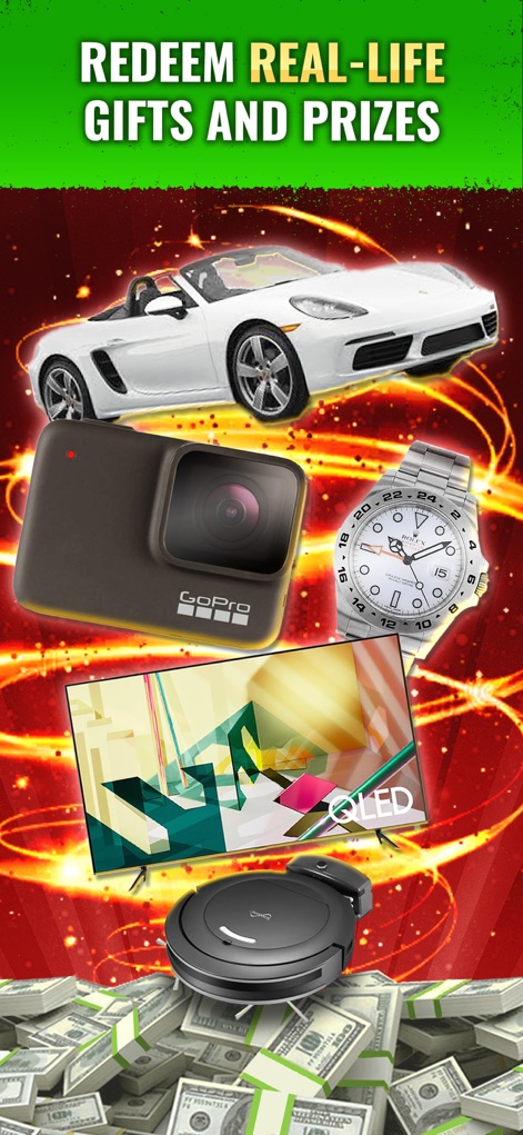 Dominoes Gold - Win Real Money - This tool offers a glimpse at tangible rewards players can redeem, featuring high-value items like a sleek sports car and a cutting-edge GoPro camera.