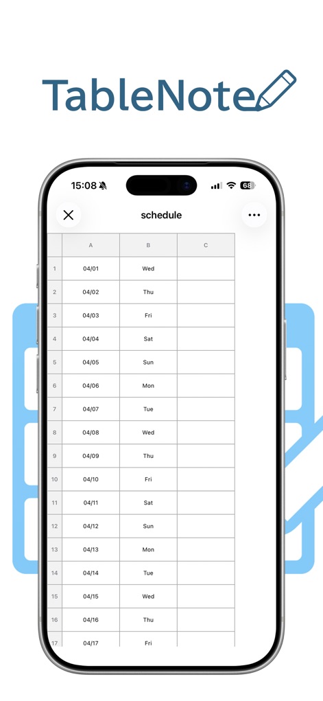 Table Notes Spreadsheet maker - Esta captura de tela inicial apresenta a interface limpa do aplicativo, destacando o logotipo "TableNote" com um lápis e uma grade de agendamento detalhada, com datas e dias da semana organizados.