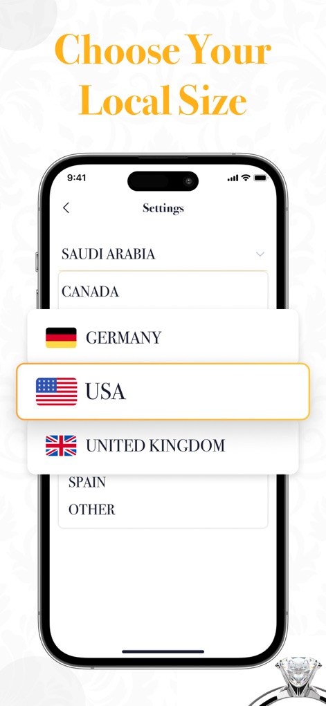 Ring Sizer - Size Measure App - The app supports multiple country sizing standards, enabling users to easily select their preferred region from a comprehensive region selection menu for accurate local measurements.