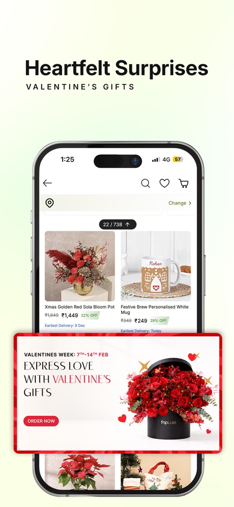 FNP: Gifts, Flowers, Cakes App - Users can explore the dedicated 'Valentine's Gifts' section, showcasing diverse products like the 'Festive Brew Personalised White Mug' alongside festive promotional banners.