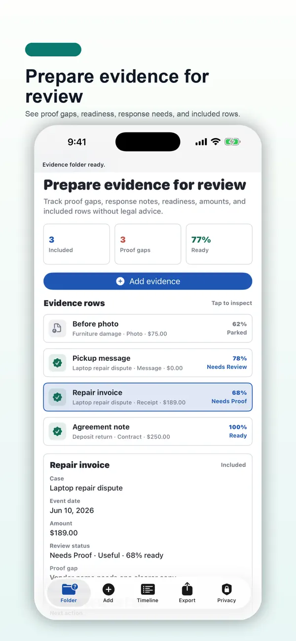 Screenshot #1 pour Small Claim Evidence Folder