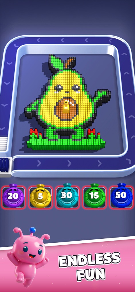 Voxel Blast Jam - Explore various charming voxel avocado creations while utilizing the strategic five distinct colored power-up buttons for ongoing entertainment.