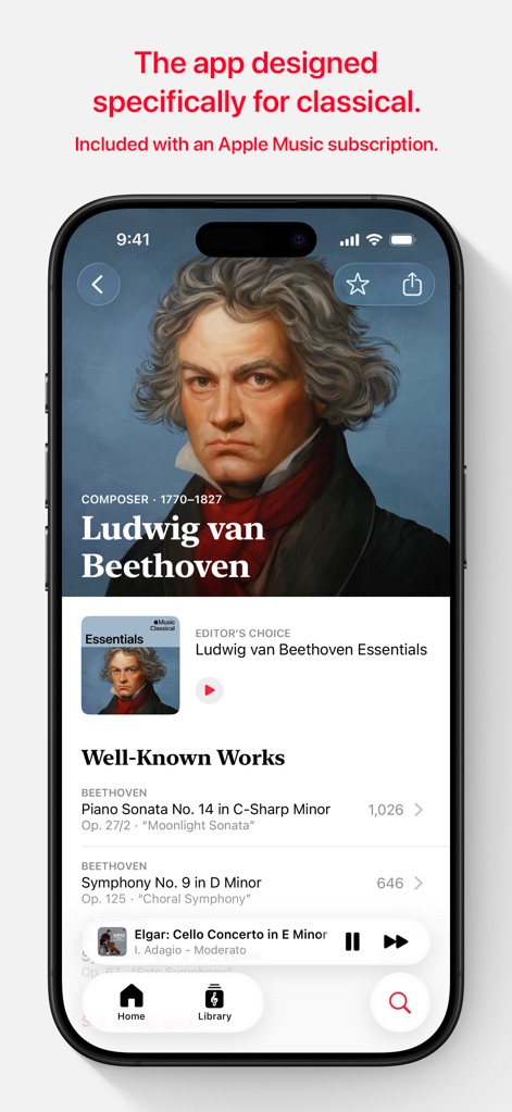 Apple Music Classical - Explore a rich composer profile, featuring a prominent biographical image and curated 'Well-Known Works' to begin a musical journey.