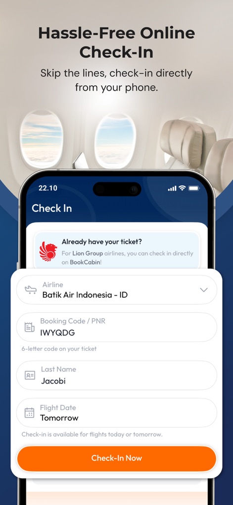 BookCabin - This tool simplifies the check-in process, allowing users to select their 'Airline' via a dropdown and easily input their 'Booking Code / PNR'.