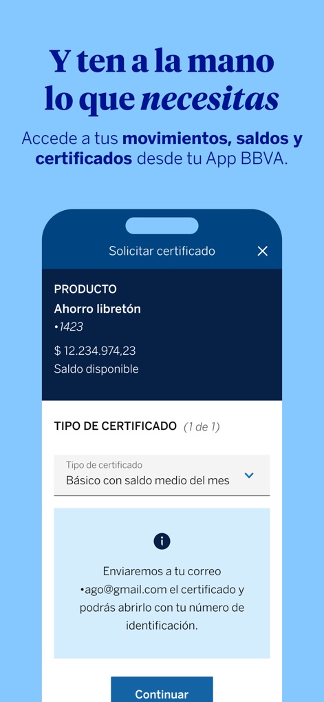 BBVA Colombia | Banca Móvil - Die App ermöglicht das einfache Anfordern von Zertifikaten, wie der Bildschirm zum „Solicitar certificado“ für den Produkttyp „Ahorro libretón“ zeigt, wobei der Nutzer den „Tipo de certificado“ auswählen kann und die Zustellung per E-Mail avisiert wird.