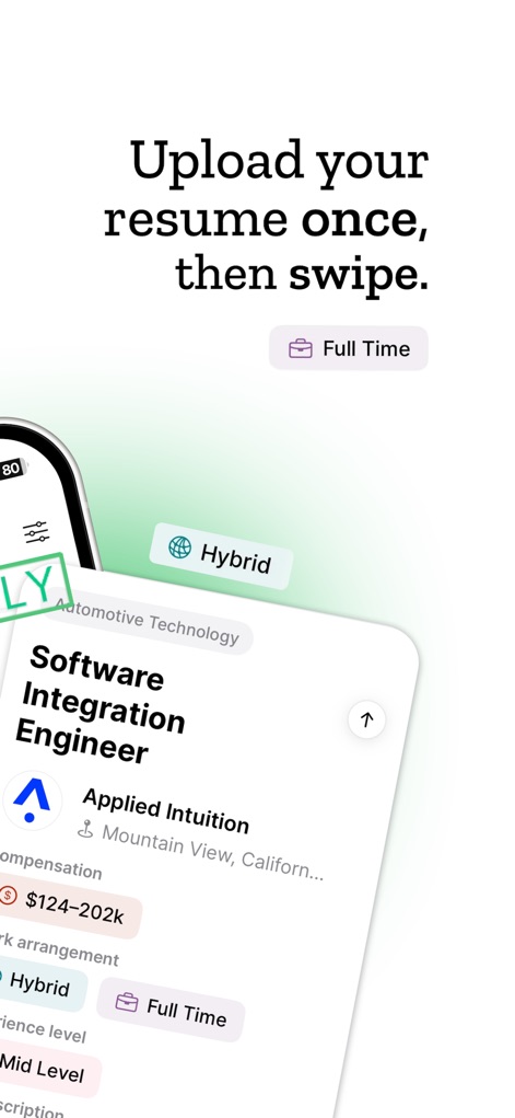 Sorce - AI Job Search - This tool streamlines the application process, allowing users to upload their resume once and view specific job details like "Hybrid" work arrangements and "Full Time" roles.