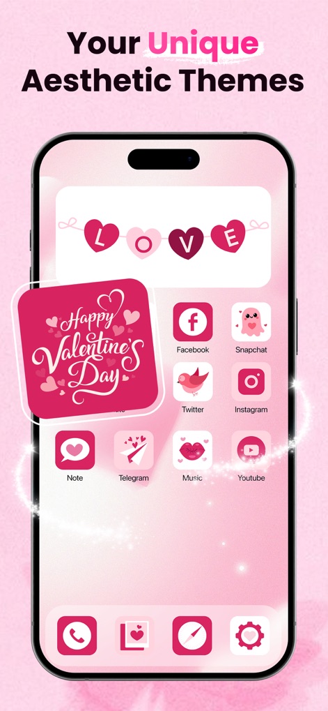 ThemeMate: DIY Wallpaper Theme - La aplicación permite crear ambientes festivos con íconos de aplicaciones personalizados y widgets temáticos de 'LOVE' y 'Happy Valentine's Day' para cualquier ocasión.