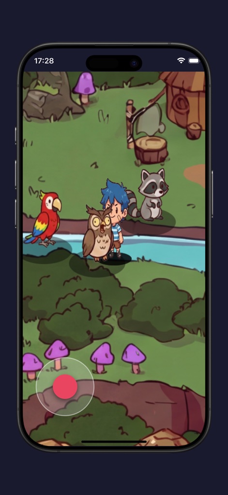 My Voice Zoo App - Explorez une forêt enchantée regorgeant d'espèces distinctes telles qu'un hibou et un perroquet coloré, mettant en avant la richesse de l'art isométrique de l'environnement.